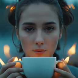 a young girl holding a coffee cup and looking away