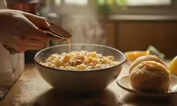 a person is adding mustard into a bowl