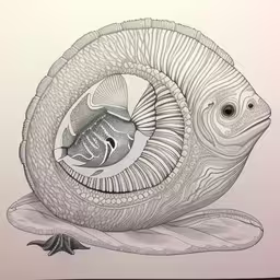 an intricate print of a fish in its shell,a drawing of a fish inside the ocean waves
