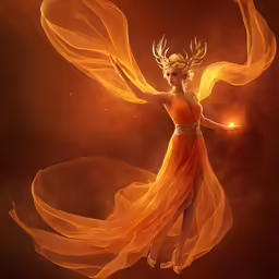 a woman in a long flowing dress flying with fire in her hair