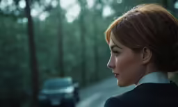 the young woman in the black suit is staring into the distance