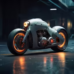 a sleek white motorcycle sits parked at night
