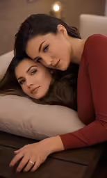 two women laying on top of a wooden bed
