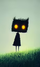 a girl standing on top of grass in front of two yellow eyes