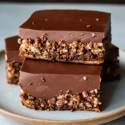 a plate with several pieces of chocolate fudge bars stacked on top of each other