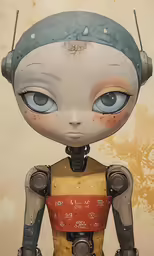 an art work of a woman with blue eyes and a robot outfit