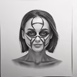 a drawing of a woman with face paint and spider logo on her face