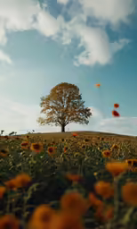 an orange flower field with a tree in the distance