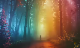 a foggy, wooded area has a man standing alone