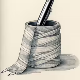 an ink drawing of a roll of thread with a pen,a drawing of a roll of string next to a pen