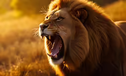 a large lion has its mouth open and is in an open field