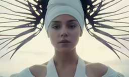 a woman with her head covered with feathers