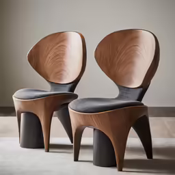 two modern chairs sitting on top of a carpeted floor