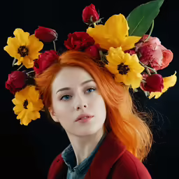 a girl with bright red hair and a flower crown