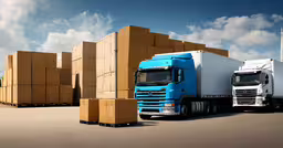 three semi - trucks with boxes in the background,a semi truck and trailer parked near a large stack of boxes