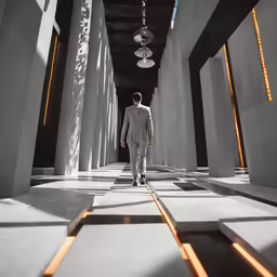 a man standing in an empty building with lots of columns