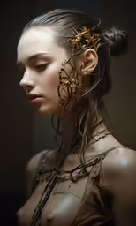 the nude girl has a metal head piece