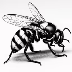 a black and white bee is facing right