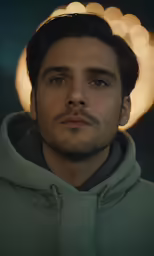 a man wearing a hoodie in front of a christmas light