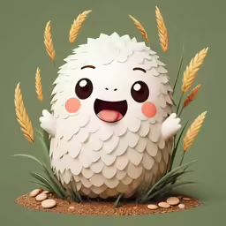 there is a fluffy egg on the ground next to the grains
