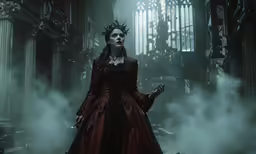 woman in a red gown in an elaborate setting