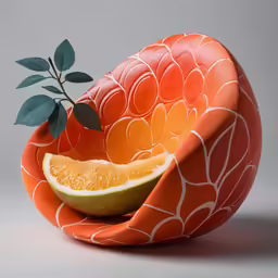 an orange fruit bowl has a leafy stem in it