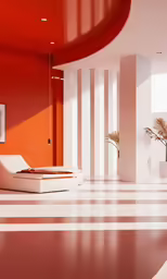 the interior of a building with orange and white columns