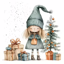 a drawing of a little girl with gifts and a christmas tree