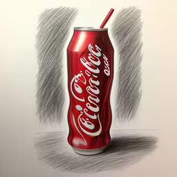 an artistic drawing of a red coke bottle with a straw sticking out