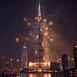 fireworks exploding in the sky next to a skyscraper,fireworks illuminate the night sky over skyscrapers