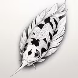 a drawing of a fish with feathers on it