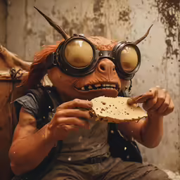 a monster with goggles eating bread outside