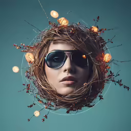 the woman in the sunglasses is wearing branches and looking into her eyes
