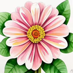 this flower is painted in pastel with lots of green leaves,a pink flower with green leaves on the bottom,this is a beautiful pink flower with green leaves,a white and pink flower painted with watercolors,the large flower has several green leaves around it