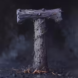 a very old wooden cross with vines around it