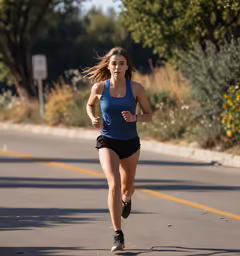 a female runner is running down the road