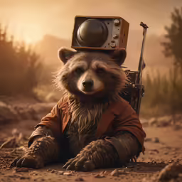 a raccoon with an old radio and gun wearing clothes