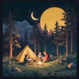 a man sitting in front of a tent under a large full moon,a painting of people outside of a campfire