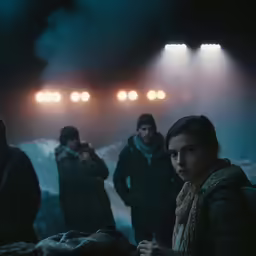 several people are standing in front of lights