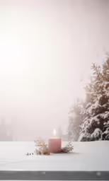 a pink candle lit up in the snow