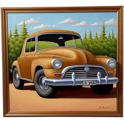 a painting of an old car on a dirt road,an oil painting on canvas of a vintage car in a driveway
