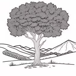 a lone tree near a mountain line drawing,a drawing of a tree on the side of a road