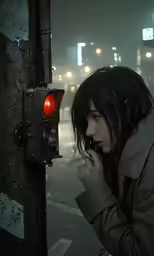 a young lady is staring at the stoplight