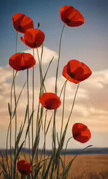 some red poppies are blooming in the field