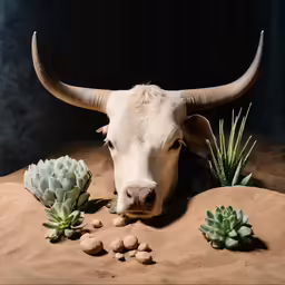 an animal with long horns sitting on the ground