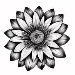 a black and white drawing of a large, detailed flower,the large flower is in the shape of a black and white image