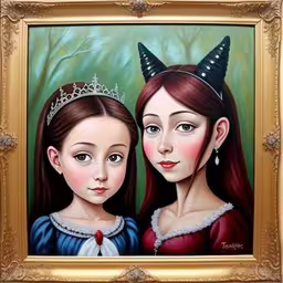 an oil painting of two beautiful girls,a painting of two women wearing devil horns