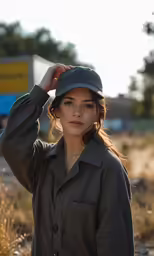 an asian woman in a gray jacket and hat posing for a picture
