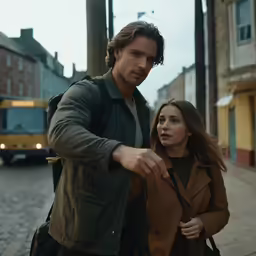 two people in brown coats holding out hands on a street