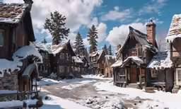 a snowy street lined with wooden houses covered in snow